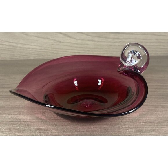 Pilgrim Cranberry Art Blown Glass Bowl Nappy Candy Dish Clear Spiral Handle - Picture 8 of 9